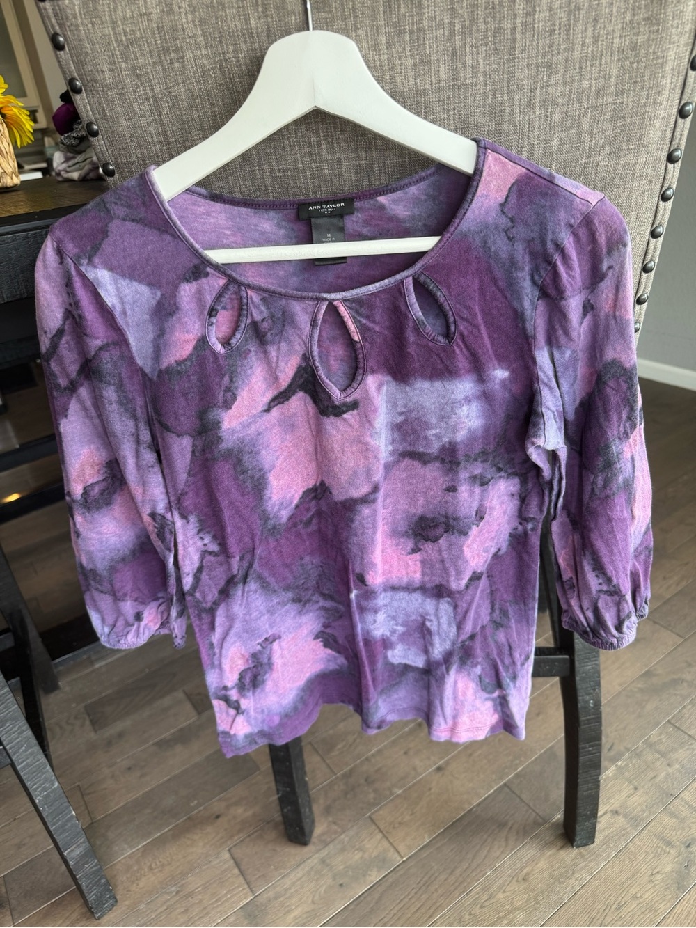 Ann Taylor Purple Tie-Dye Keyhole 3/4 Sleeve Top